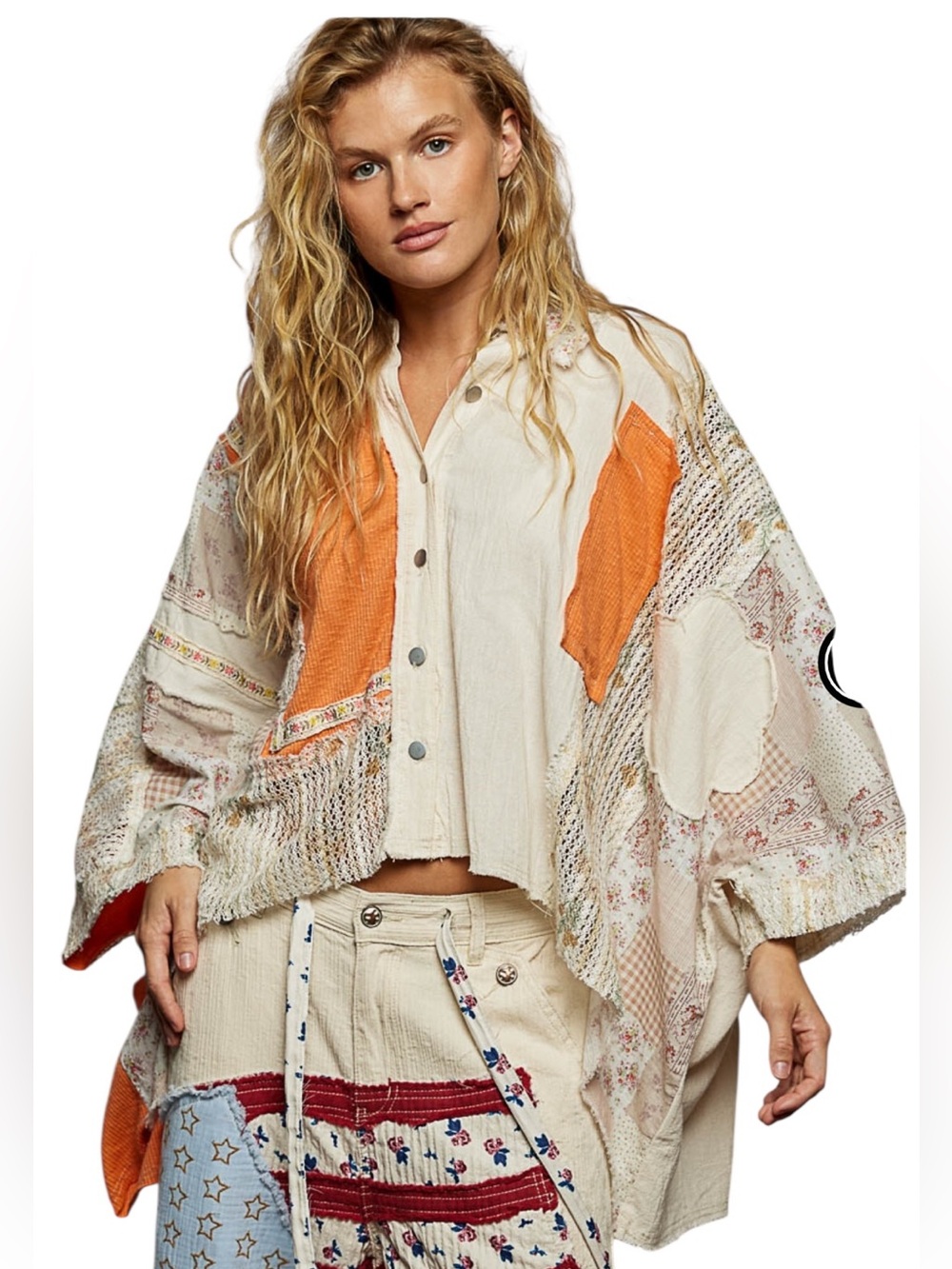 POL Natural and Orange Crochet 3/4 Sleeve Shirt Top